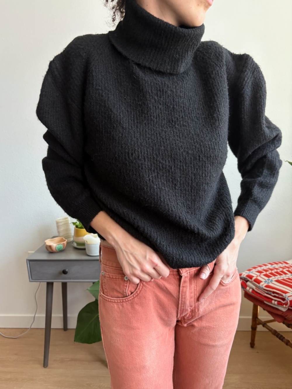 Topshop‎ Black Puff Shoulder Turtleneck Chunky Knit Sweater US 12 Large